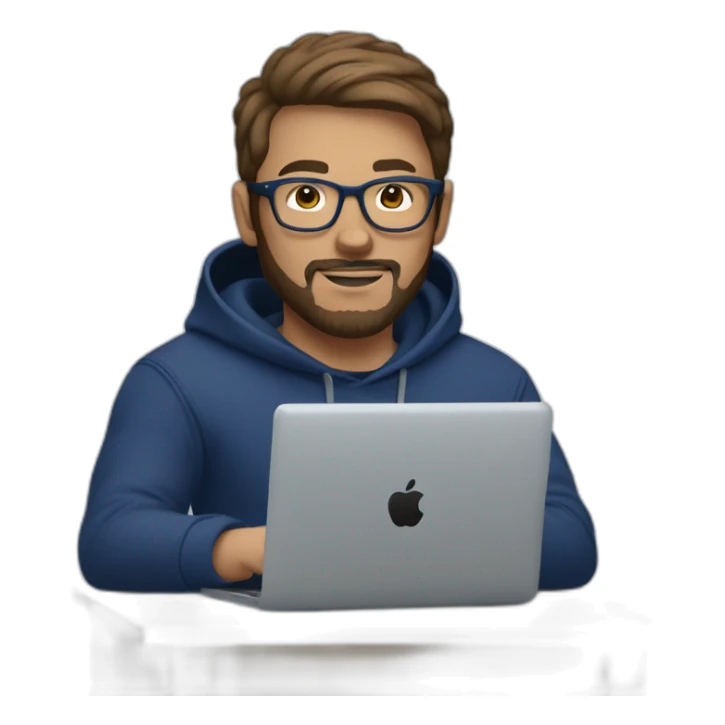 Brown short hair white man with a beard and round glasses typing on apple computer wearing a dark blue nike hoodie sticker