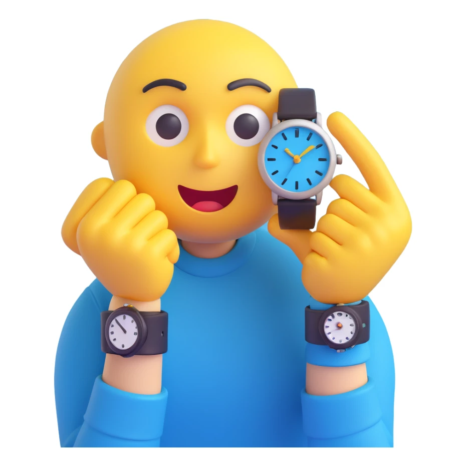 A yellow emoji face with a worried expression, looking at a wristwatch with raised eyebrows, showing urgency and stress sticker