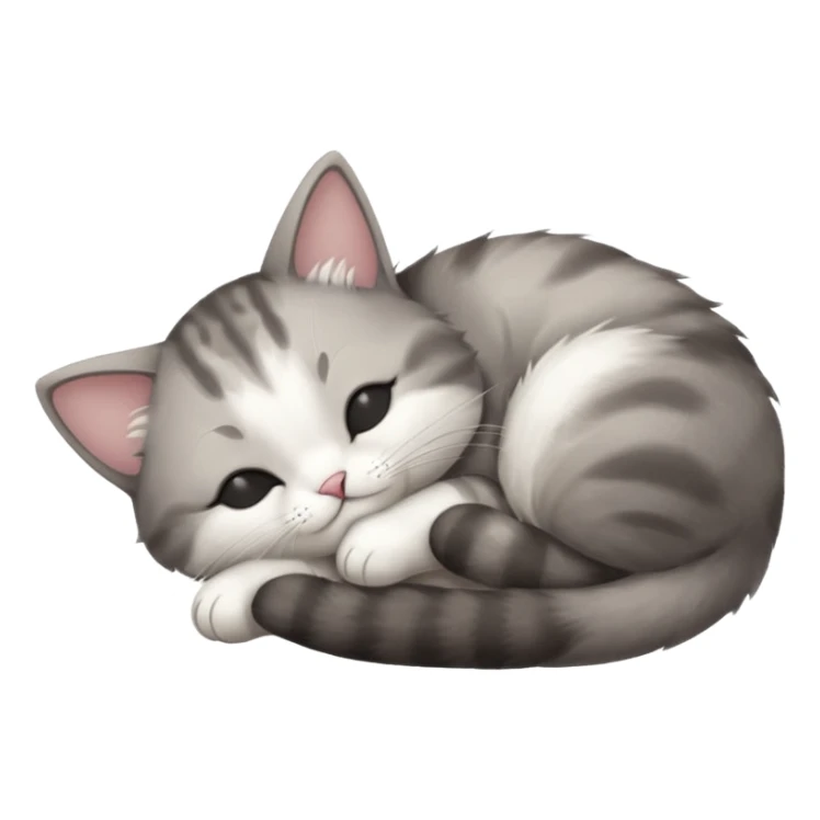 grey and white small cat with eyes closed lying down upside down with its head resting on its paw sticker