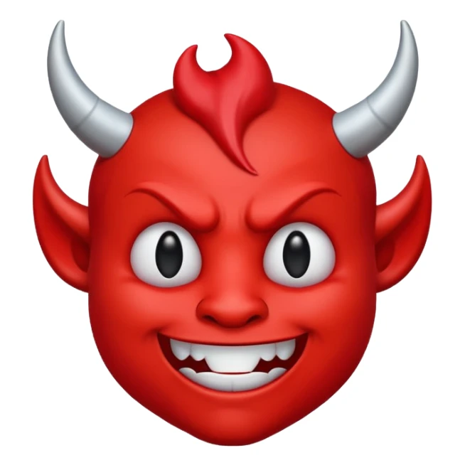 CARTOON STYLE EMOJI of a RED DEVIL FACE with small HORNS pointing up, BLACK EYES, and a MISCHIEVOUS SMILE. The entire face is RED with a smooth glossy texture. BACKGROUND is PURE WHITE, clean and simple. sticker