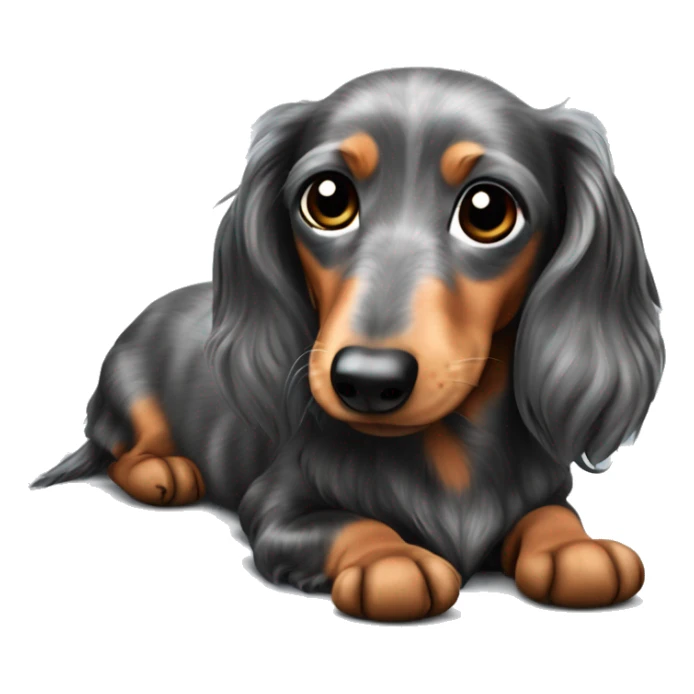 Laying On his back. Long haired dapple dachshund, tan, gray & black. Full body  sticker