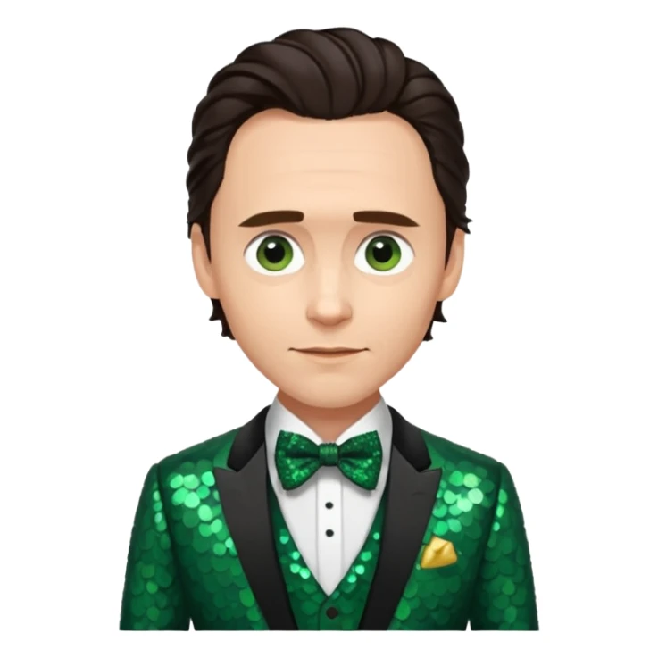 Tom Hiddleston with dark brown hair, dark green sequin suit with bow tie sticker