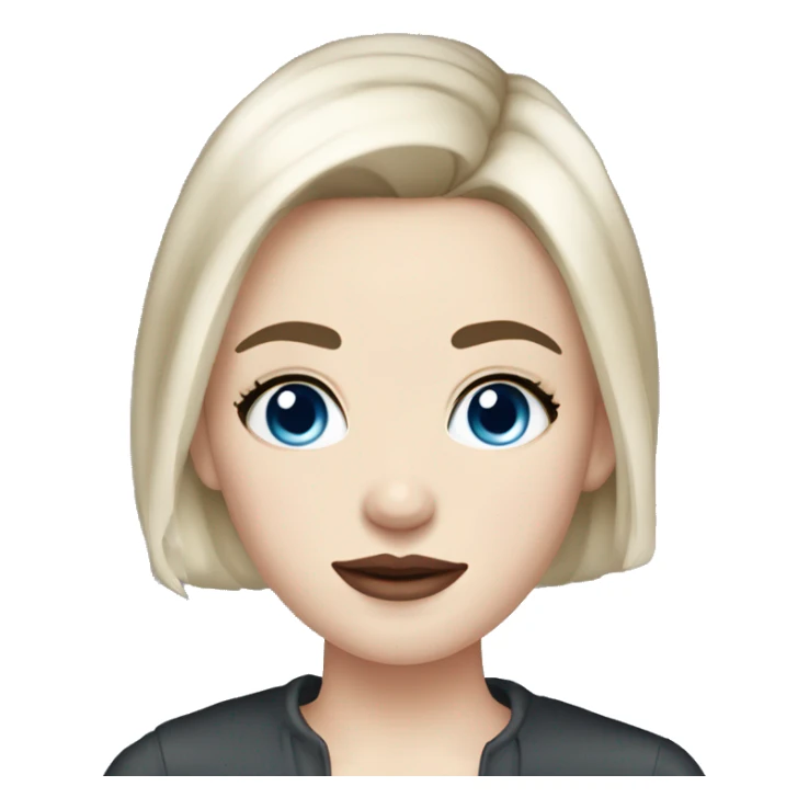 young woman with pale skin, blushed cheeks, big blue eyes, thin lips, short black hair,long lashes,a bit eyeline sticker