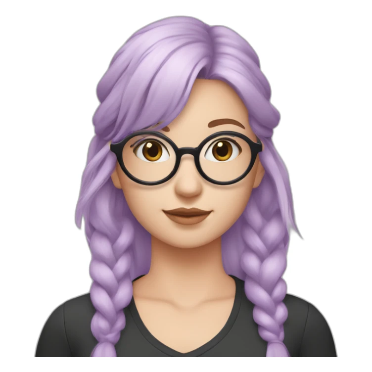 White girl with light purple hair with Ponytail and Split bangs in 3 and rounded frame pastel pink glasses and pastel blue with a black shirt sticker