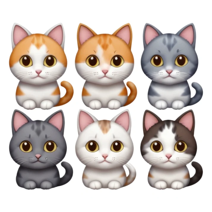 5 different coloured short haired cats including; a dark brown and white cat, and a dark grey and white, and a calico sticker