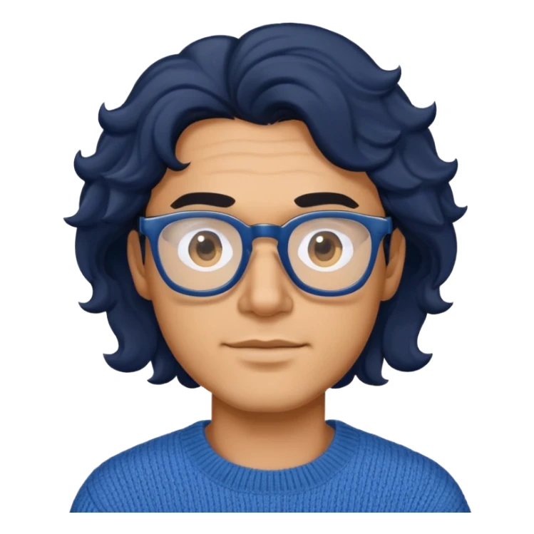 Man with wavy black hair in a comfortable blue sweater and glasses sticker
