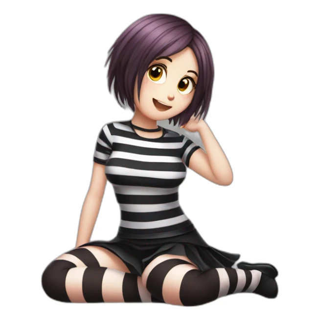 Full body Front view curvy emo girl sits on the floor straight view hands up black skirt striped stockings sticker
