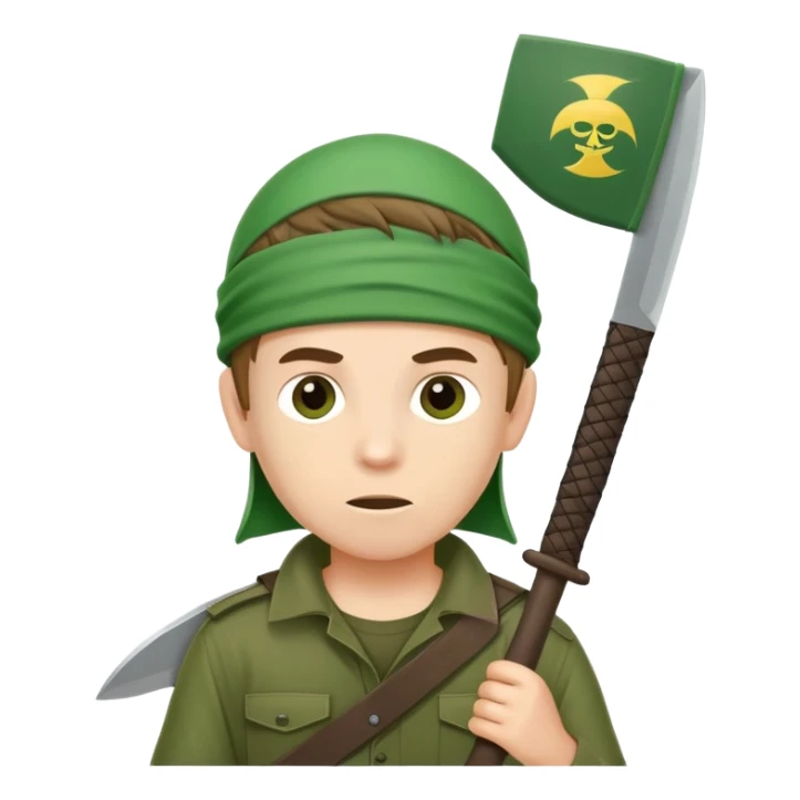 boy wearing green flag on his head with machete sticker