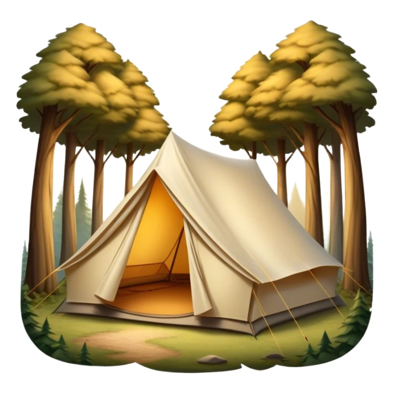 Cinematic Realistic Tent, a sturdy canvas tent nestled among tall trees, warm golden light spilling from inside, gentle folds in the fabric visible, glowing against the cool, dark forest backdrop, evoking a sense of adventure and comfort. sticker