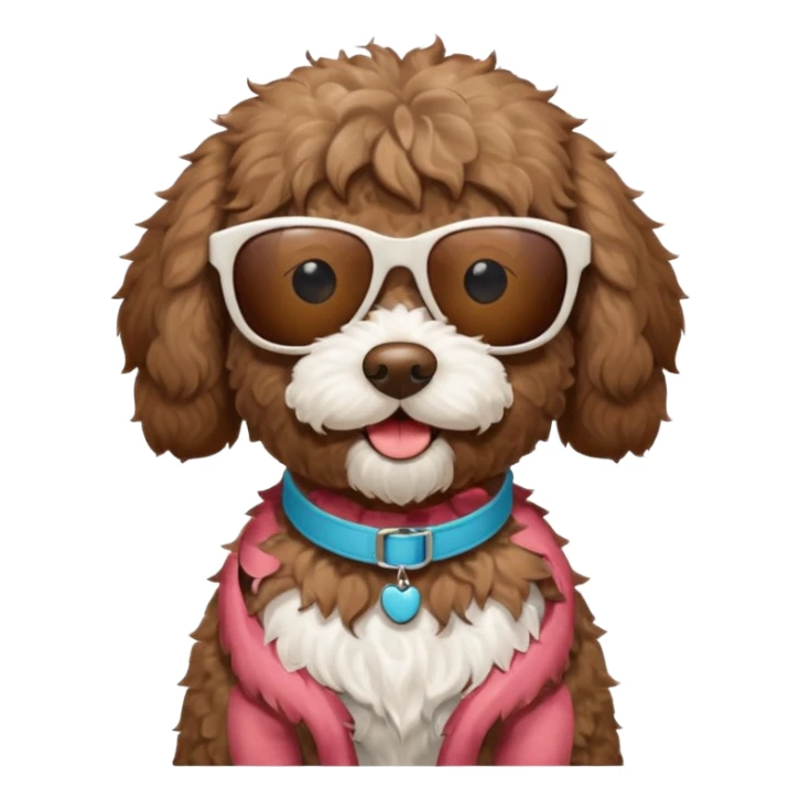 Brown Labradoodle with a white patch of fur on her stomach wearing sunglasses sticker
