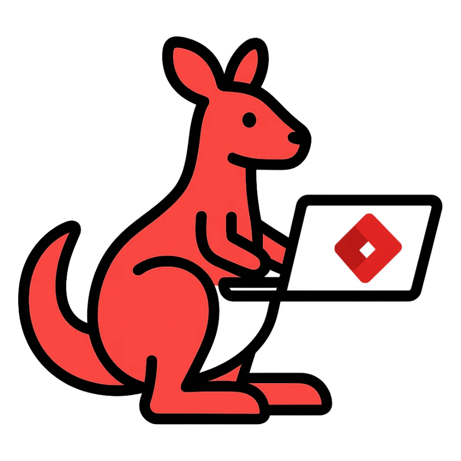 stylized kangaroo with a laptop, modern and techy, red and white YouTube color scheme, Microsoft Power Pages theme icon sticker