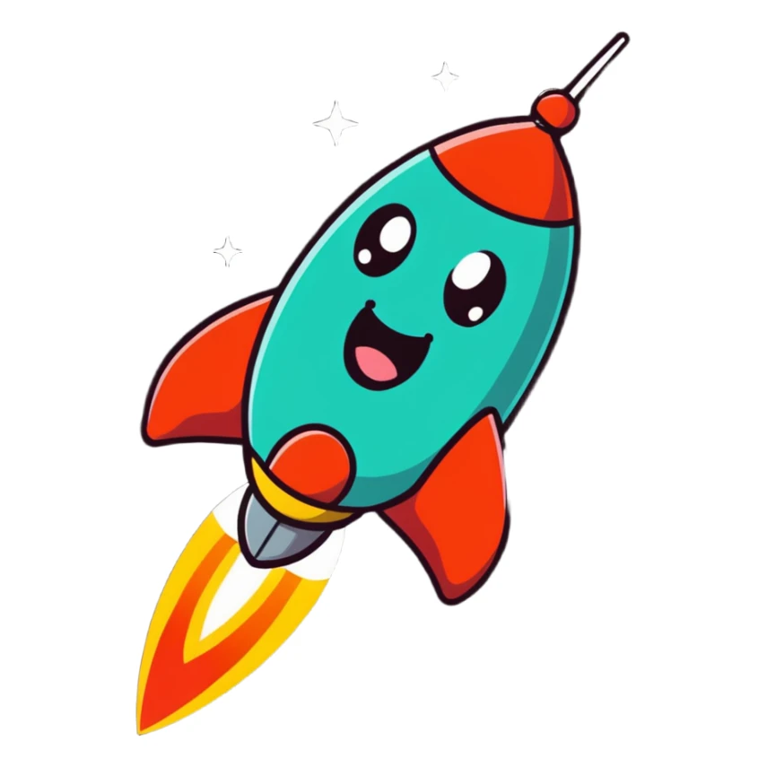 A cartoon rocket toy with stars, a happy expression and little arms sticker