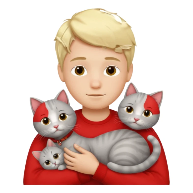 Make 20 gray cats cudling a kid that’s a boy wearing all red and he’s blond sticker