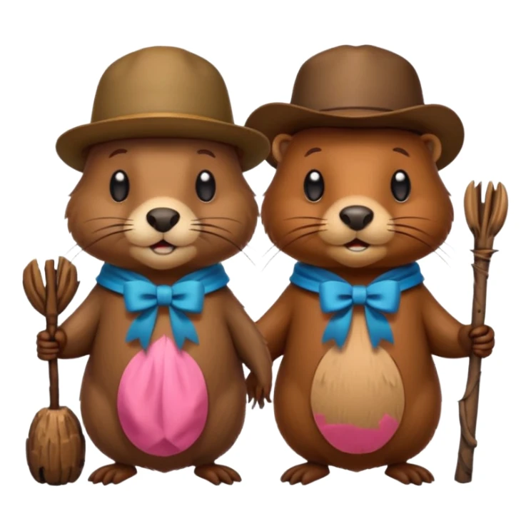 add a bow on the head of one beaver with another beaver without a bow on its head in a lodge of sticks and logs sticker