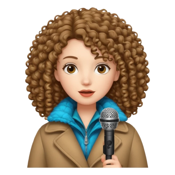 curly haired woman with winter clothes holding microphone sticker