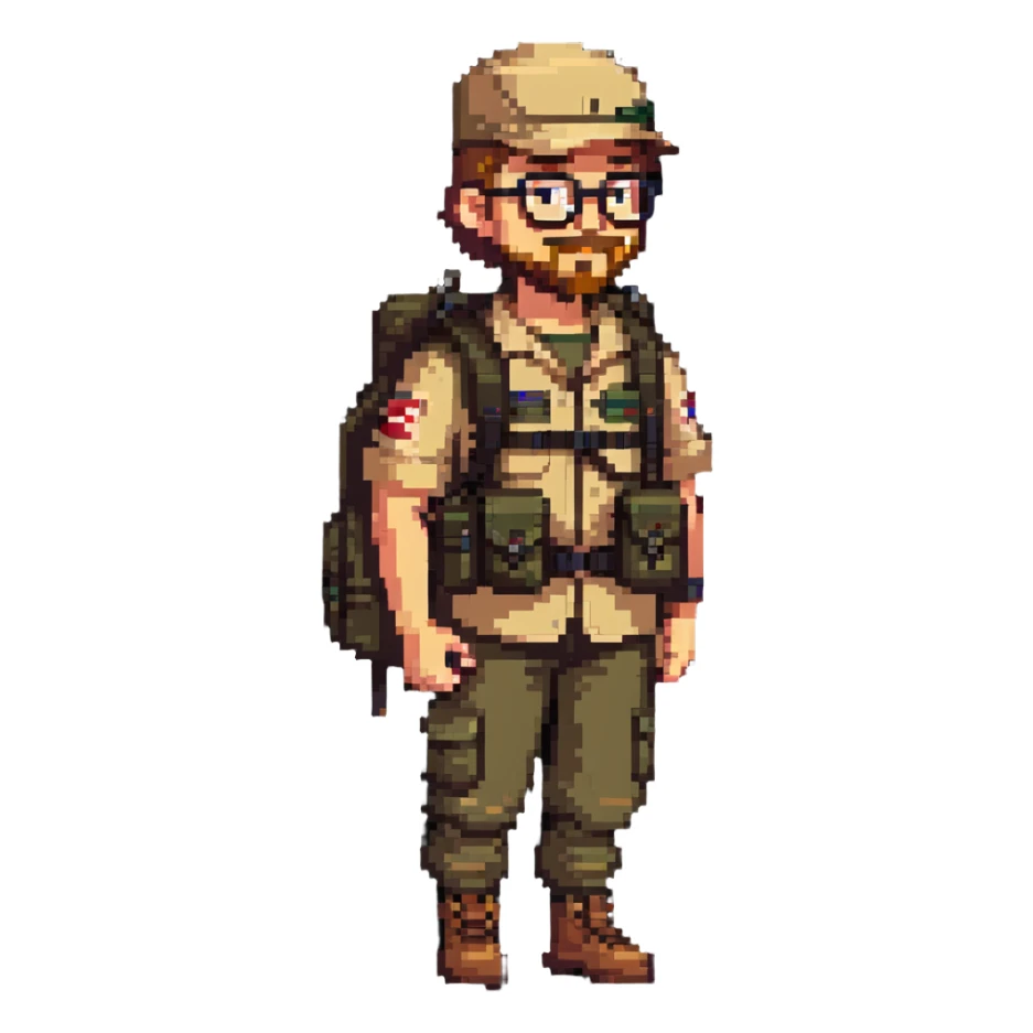 adventurer with goatee beard (no beard on cheeks), short hair, glasses, backwards military tan cap and backpack sticker