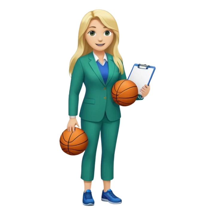 Full Body white plus size female basketball head coach using a clipboard with long blonde hair in a blue and green suit smiling with basketball and clipboard sticker