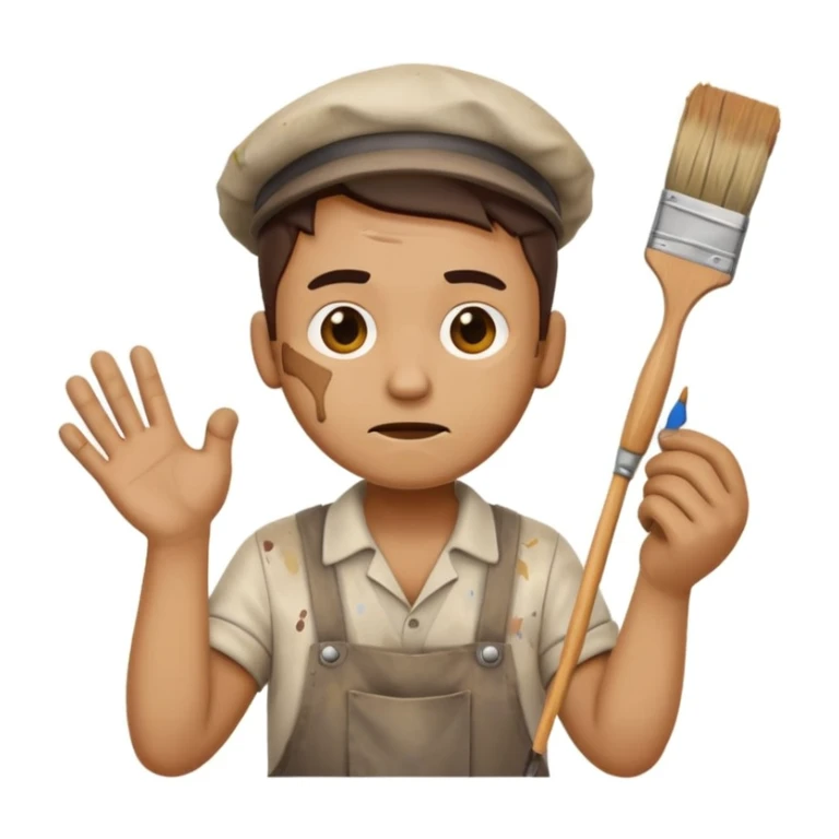 clumsy house painter emoji with old stained clothes, no hat, holding a snapped paintbrush, confused expression, paint on face and hands, chaotic background sticker