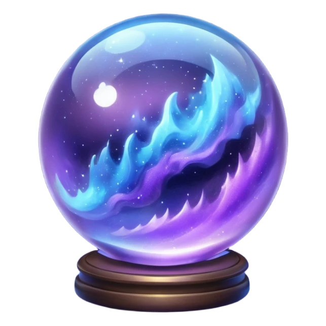 a magical glass sphere filled with flaoted purple and blue dust, glowing, 3d sticker