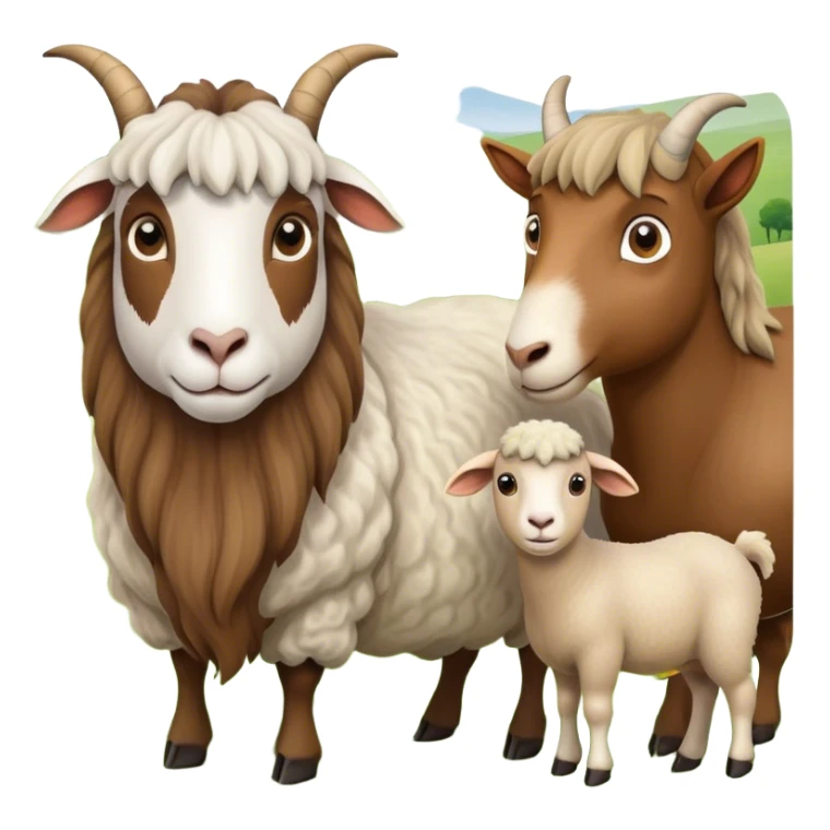 Icon for Domestic Hooved Animals: A gentle collage featuring a brown goat with large, curious eyes, a calm sheep with soft wool and a horse with a flowing mane. Background with a green pasture and a few hay bales. Transparent background. sticker