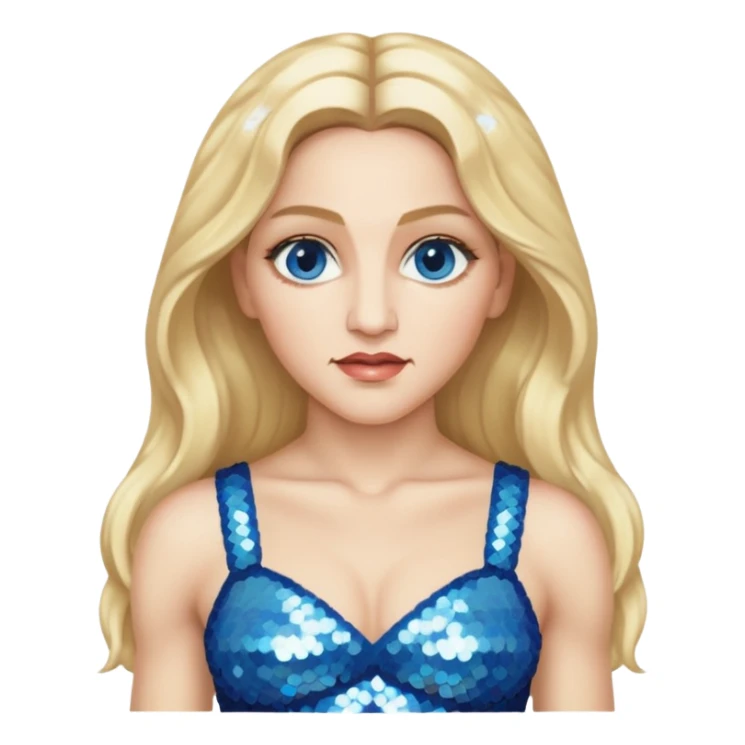 Madonna with blonde long hair, ivory sequin crop top, blue eye sticker
