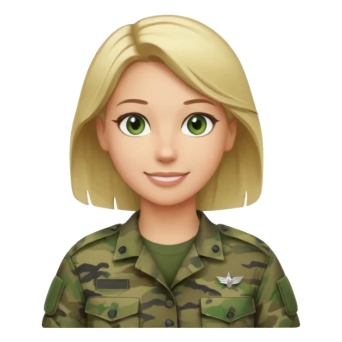 Apple-style emoji: female soldier, bust, no cap/helmet, friendly smile, generic camo top, blonde hair sticker