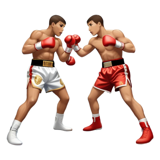  a high-stakes boxing match for the world championship title. Two professional boxers, wearing gloves and championship belts, exchange powerful punches in the center of the ring. The background features a packed arena with bright lights, a roaring crowd, and the championship banner hanging above.  sticker