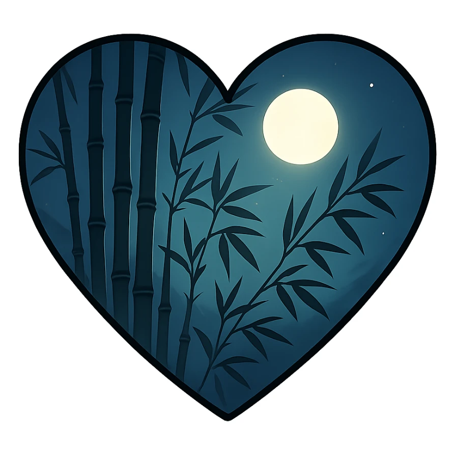 heart with a moonlit bamboo grove, clean digital illustration, no background sticker