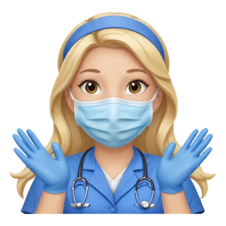enfermera rubia con pelo largo, con mascarilla y guantes azules que aperezcan las dos manos, como las primeras imagenes que enviaste sticker