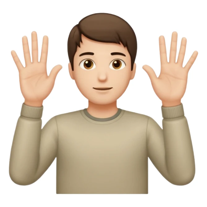 A guy with his palms facing up one hand higher one lower with 6 one left hand 7 on the right hand sticker