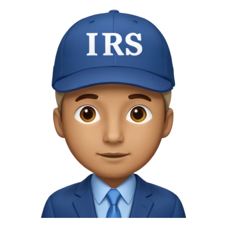 a man dressed in a blue suit with a cap on that says IRS sticker