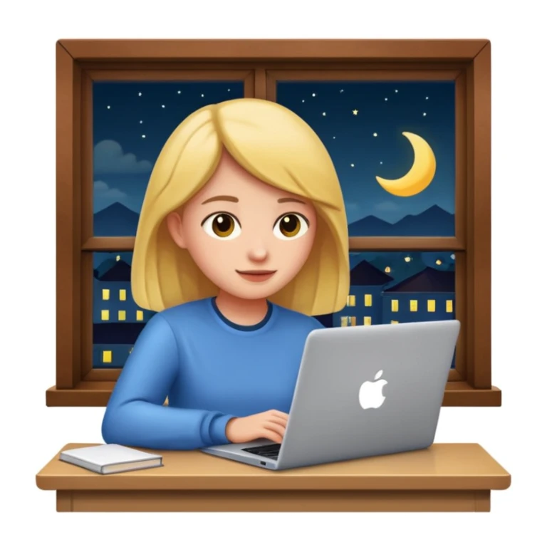 student with laptop, night outside window behind, apple style emoji sticker