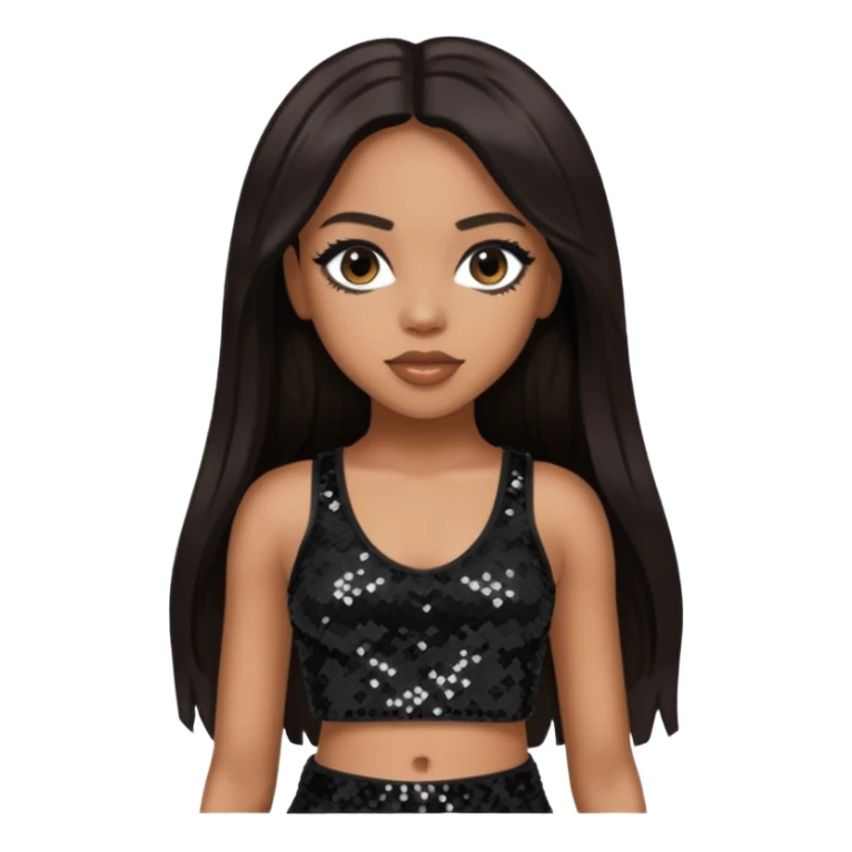 Aaliyah with long dark brown hair, black sequin crop top, black sequin pants sticker
