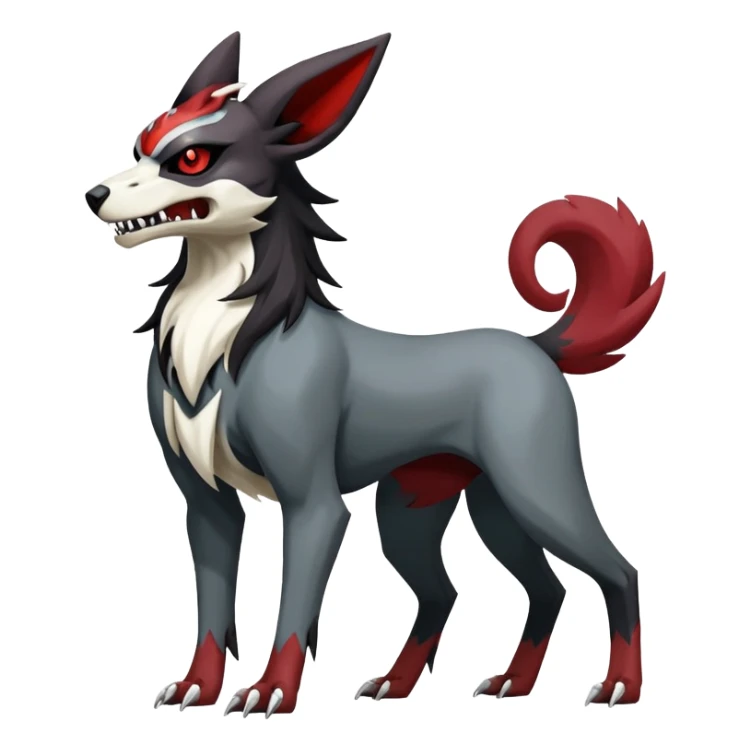 Shiny Exotic Excessive Mysterious Houndoom-Mightyena-Zorua-Zoroark-Zangoose-Houndour-Pokémon-Fakémon-hybrid-creature (full body) with a dog-skull sticker