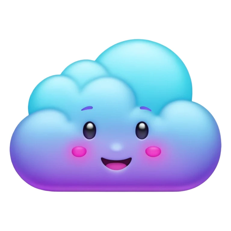 Small cloud with multiple emoji-style expressions (happy, sleepy, mischievous), glowing purple/cyan neon, playful aesthetic. sticker