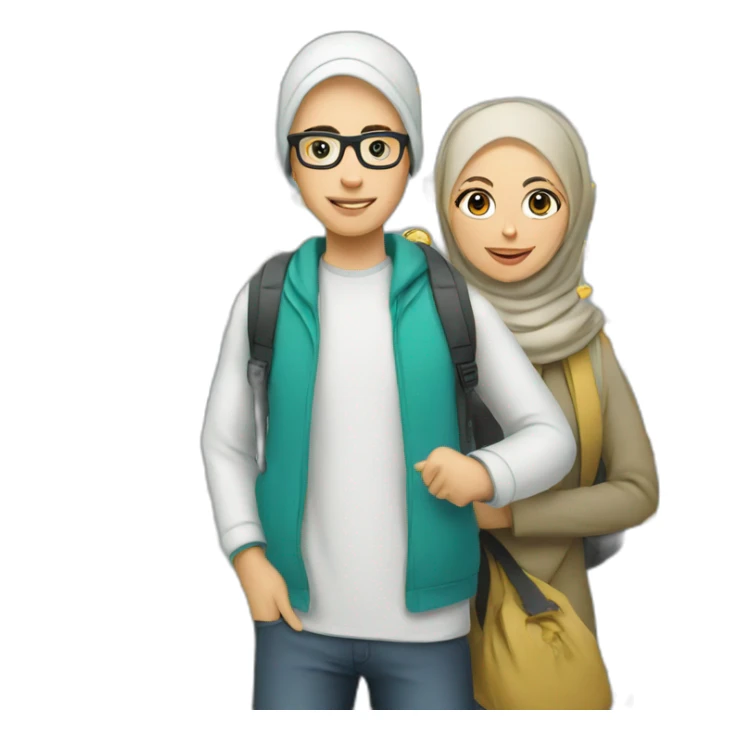 young white man with glasses and woman with hijab, both with backpack for holiday trip sticker