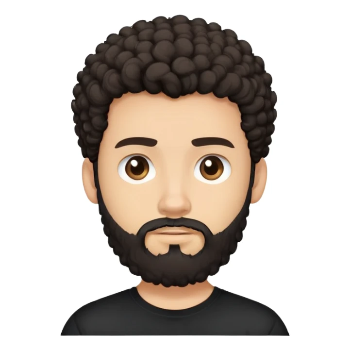 young man with light skin, thick curly dark hair, full beard, neutral expression, plain black t-shirt, front-facing, minimalistic, simplified features, clean lines, flat design sticker