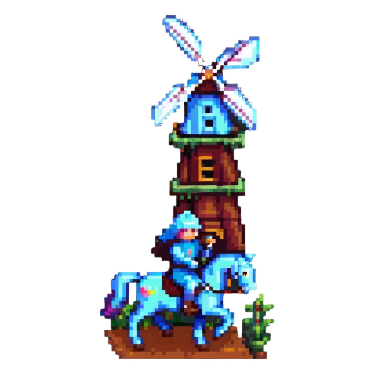 knight on horseback in front of windmill, pixel art style, retro, detailed sticker