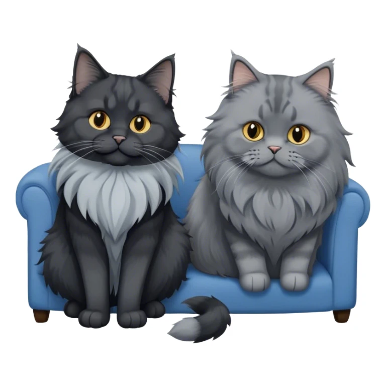 A large black smoke Maine Coon cat with long grey ear tufts and a fluffy grey ruff, sitting next to a chubby British Shorthair cat in blue color with plush fur, both sitting comfortably on a sofa. Beautiful room background with flowers and soft lighting. Transparent background. sticker