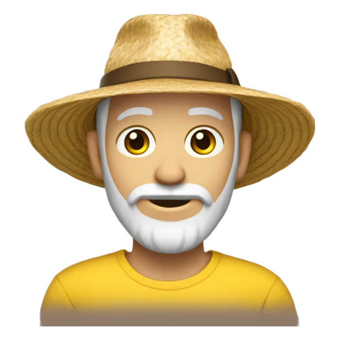 man with a brown beard and white skin colour, wearing a straw hat and a yellow t-shirt sticker