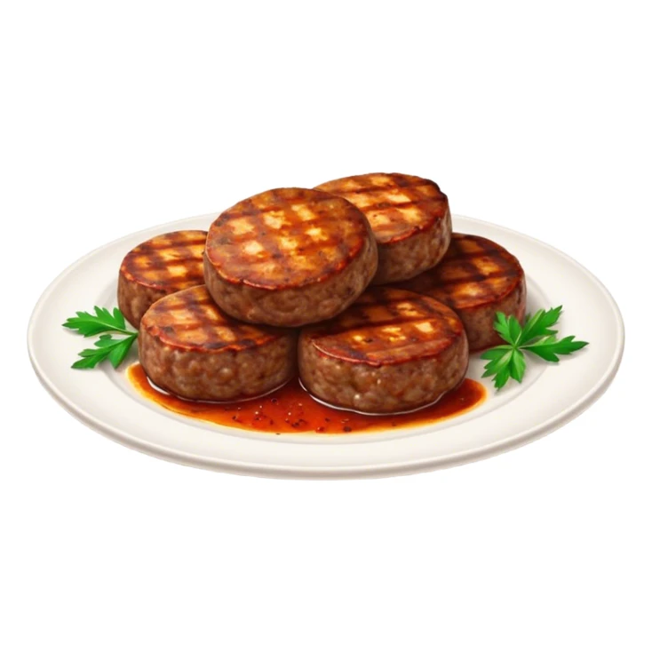 Cinematic Realistic image of Turkish Köfte, presented as perfectly formed, spiced meat patties with detailed textures and subtle grill marks, arranged artfully on a simple plate and illuminated by warm, appetizing lighting that accentuates their savory appeal. sticker