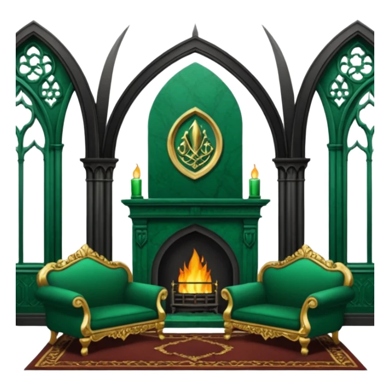 Slytherin common room scene with an emerald green sofa and ornate fireplace, gothic arches sticker