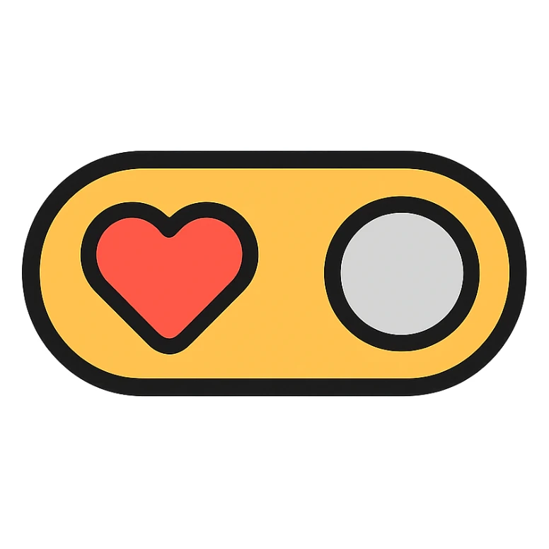 toggle switch minimal style on white background with big red heart on the left and gray circle on the right off position, rounded corners, simple and modern sticker