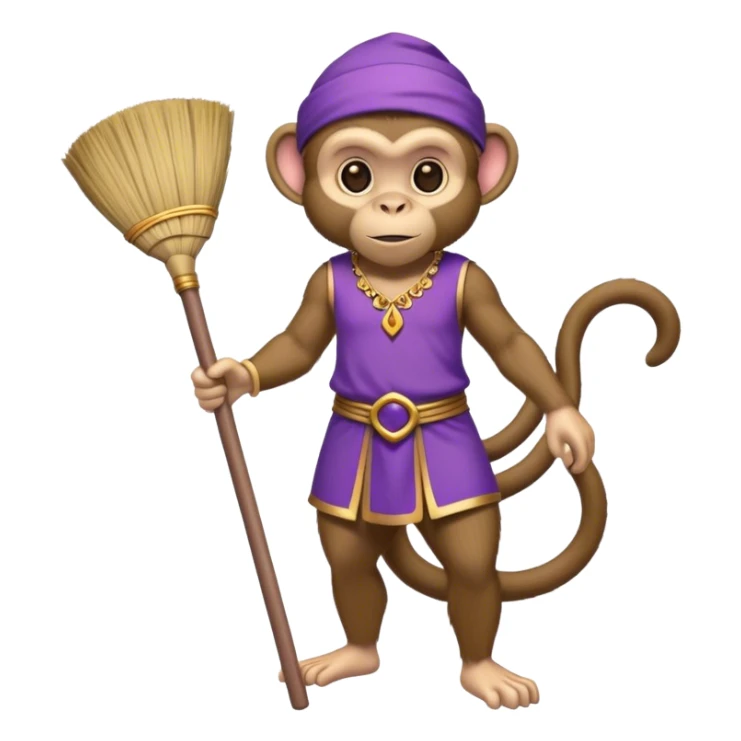 genie monkey, purple clothing, holding a broom sticker
