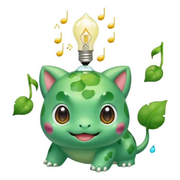 cute Bulbasaur Pokémon in Rednote app emoji style, glossy soft face, bold eyes, small bulb on back, floating music note nearby sticker