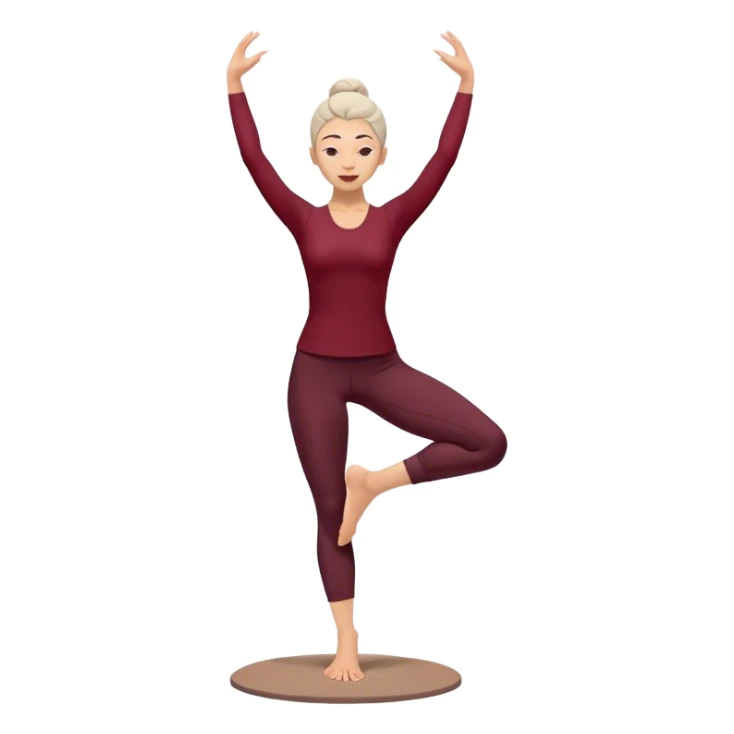 A serene woman practicing the Tree Pose (Vrksasana), embodying stability with two feet on ground and with dark wine red clothes sticker