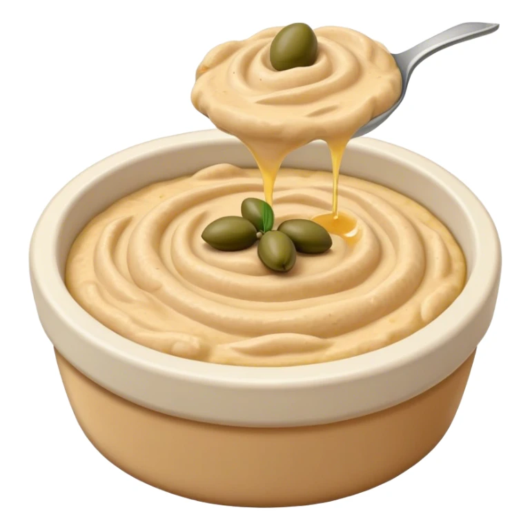 Cinematic Realistic Hummus Dish Emoji, depicted as a creamy chickpea dip drizzled with olive oil rendered with rich textures and warm, inviting lighting. sticker