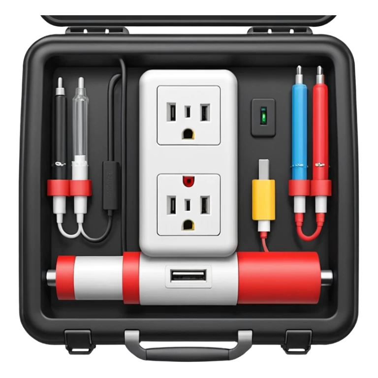 An open black hard-shell test case, inside: a power outlet, USB port, and colored test sockets. A large roll of white test labels lies next to the equipment, along with a red test probe. sticker
