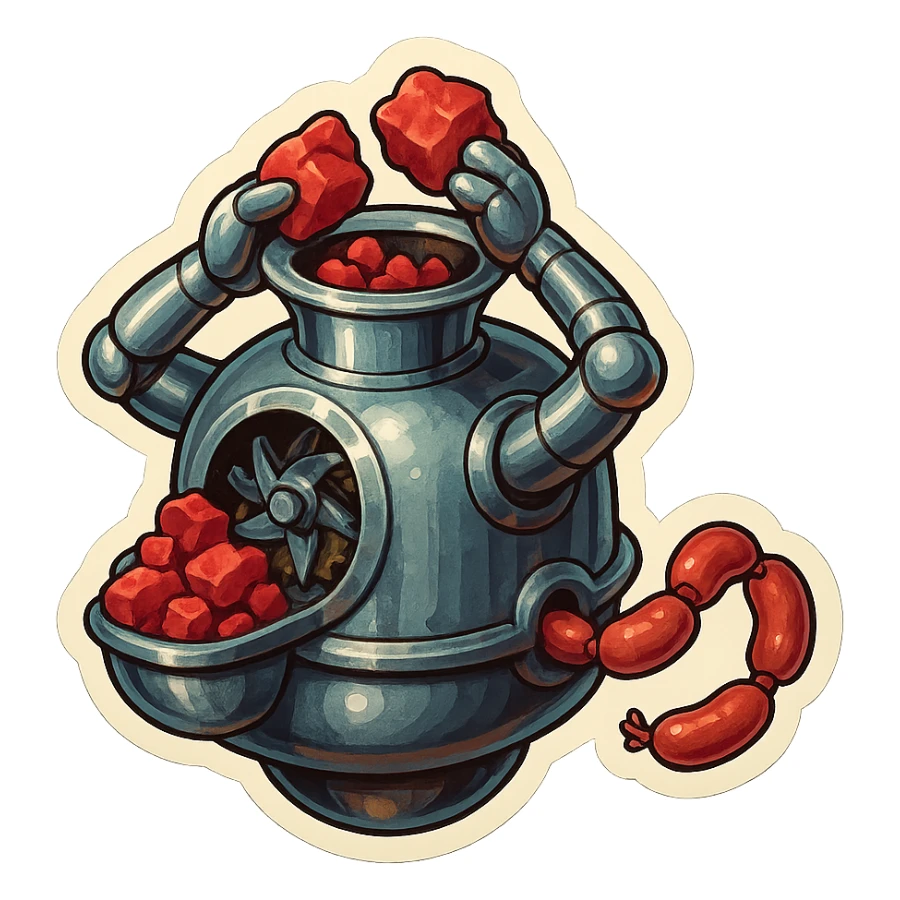 hovering robot. stuffs material into large hole on its top with arms. hole is where neck and head would be. spinning gears and blades  grind red chunks. sausage links come our of hole on backside.  3/4 view. between realism and cartoon. well lit. no dramatic lighting. metallic robot. works diligently. dark humor sticker