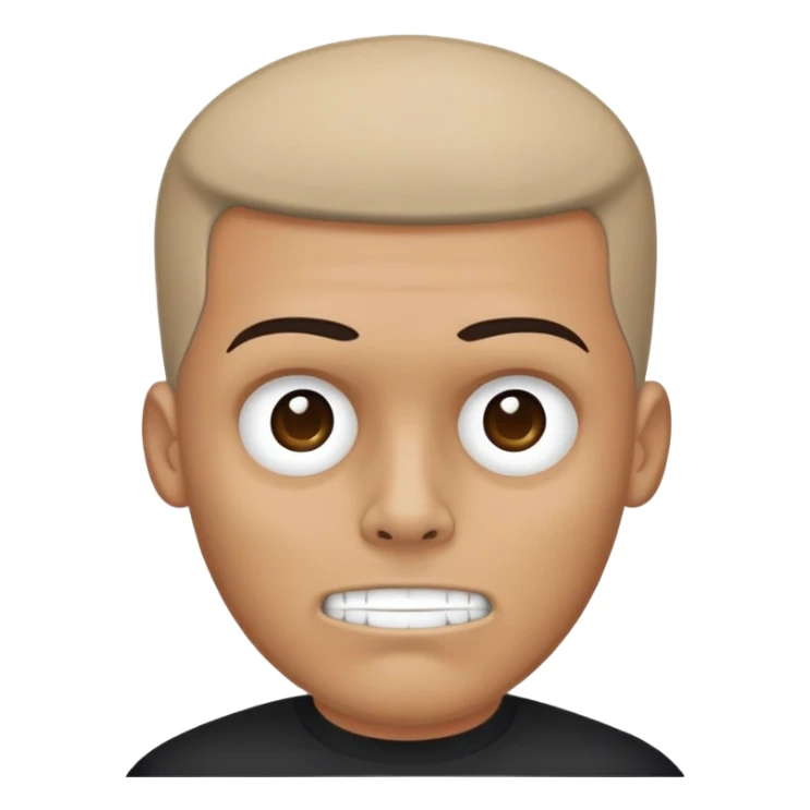 man with oval-shaped flat-top head wearing a black shirt with a gray skull on the front sticker